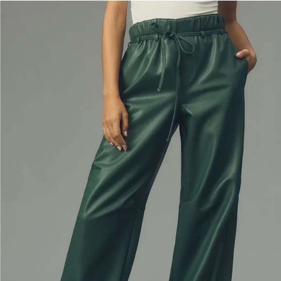 Anthropologie Pilcro Faux Leather Soft Parachute Pants Dark Green Sz S NEW - Picture 2 of 15